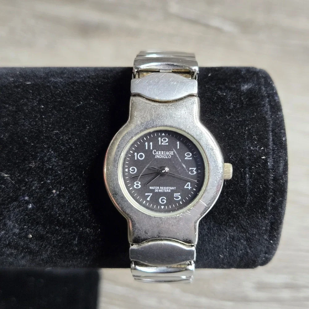 Carriage by Timex Indiglo Watch Black Dial Round Silver Tone Case Stretch Band 6